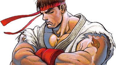Street Fighter hero Ryu, in illustrated form, arms folded, looking rather unhappy actually. Or as though he's fallen asleep standing up. Who knows!